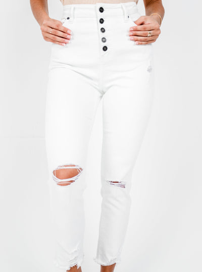 High-waisted White Distressed Jeans
